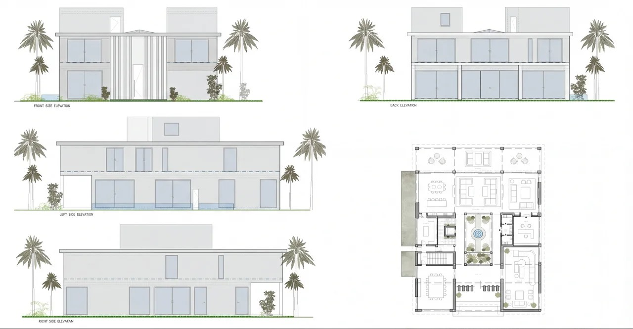Architectural elevations and detailed floor plan of a contemporary luxury villa by our architects in Marbella.