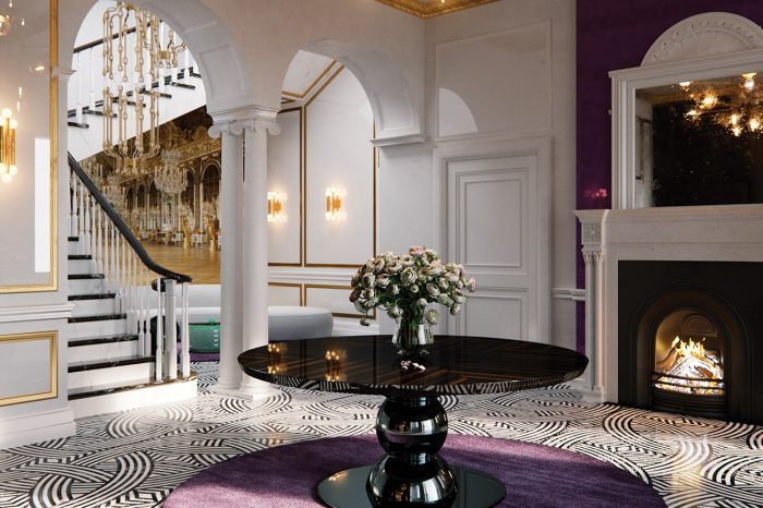 Entrance Hallway: a lovely wood burning fire greets you as you step into the magnificent hall – in classic black, white and gold with a splash of lilac.