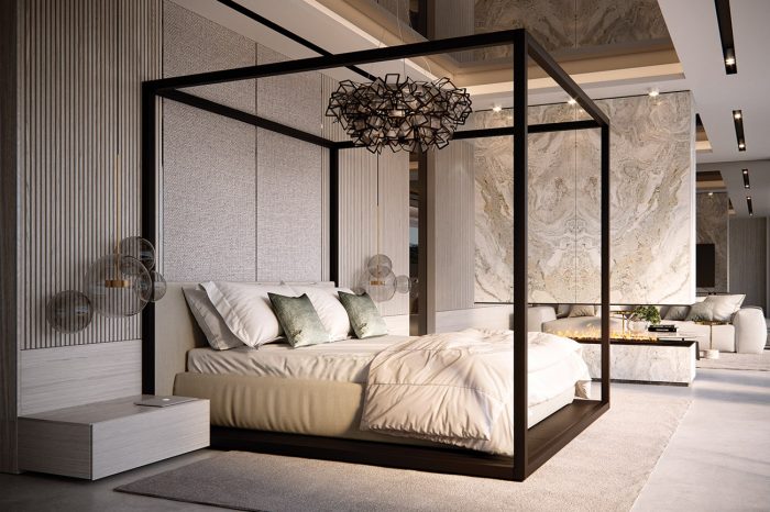 Master Bedroom: the main feature of the room, the 4-poster bed, is divided from the seating area by a floating wall of travertine marble, allowing the fire to be enjoyed from both areas.