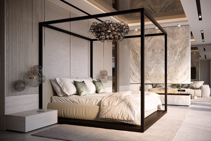 Master Bedroom: the main feature of the room, the 4-poster bed, is divided from the seating area by a floating wall of travertine marble, allowing the fire to be enjoyed from both areas.