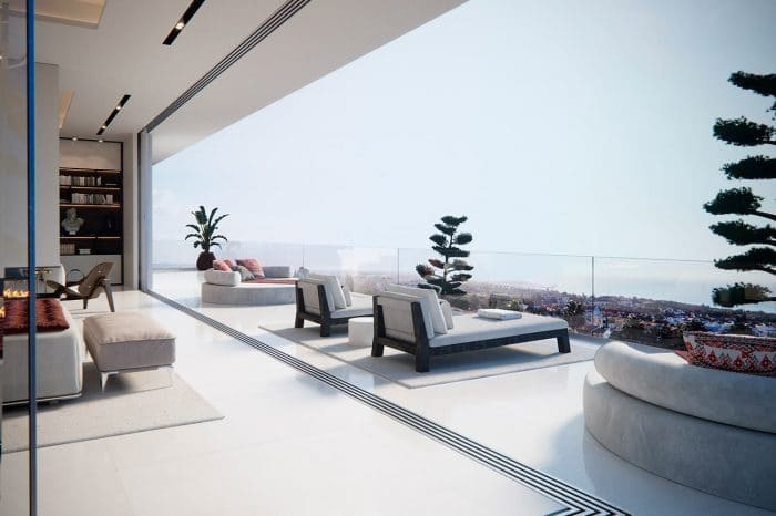 Master bedroom terrace with daybed and sun loungers from which you can enjoy gorgeous views of the island.