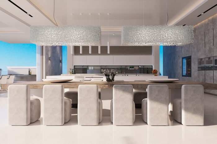 The dining area with the flush, almost unnoticeable, kitchen area, allows for social cooking