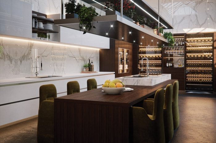 The Family Kitchen has cathedral-like proportions with a 4-metre high ceiling and light flooding down through the Edwardian skylight. Floor to ceiling Italian marble, Gaggenau appliances and bespoke mahogany cabinets.