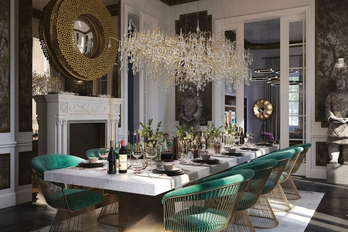 This opulent dining room has gold-plated Walter Knoll chairs, a marble table and dew-drop chandelier lighting.