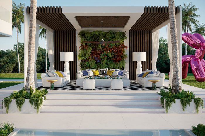 The mother of all chill-out zones is raised above the pool area with illuminated marble stairs, its borders defined by a living wall and palm trees. Its symmetry is an architectural feature of the whole property.