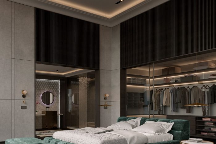 The free-standing bed allows access to the feature wardrobe behind