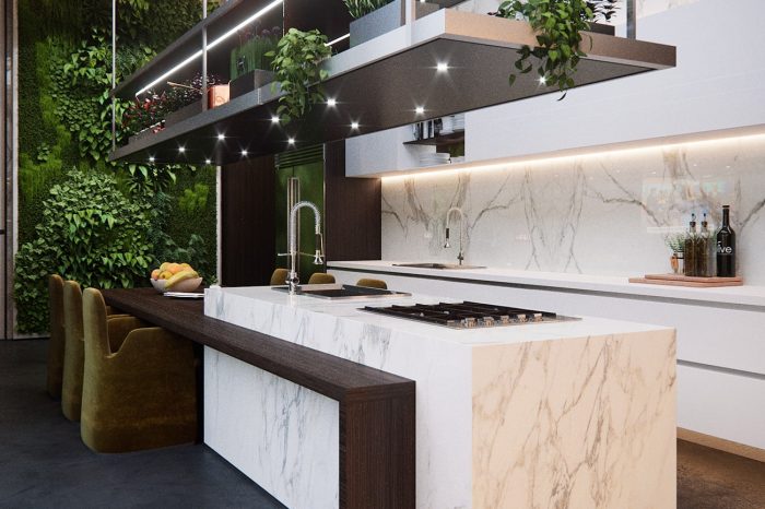 The Family Kitchen with it's living green wall at the end