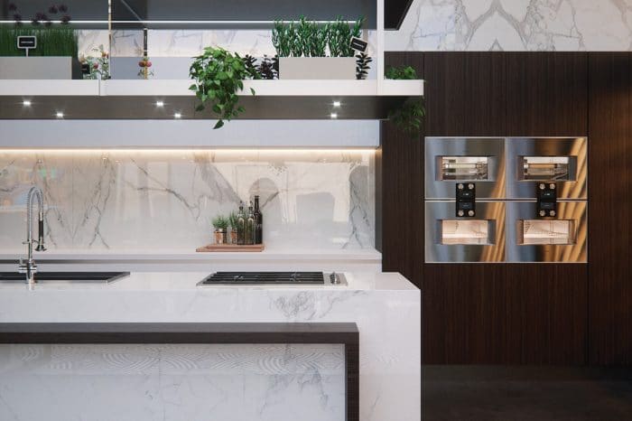 The beautifully equipped kitchen with floor-to-ceiling Italian marble