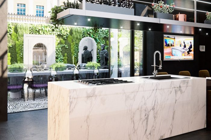 The view across the kitchen to the contemporary patio