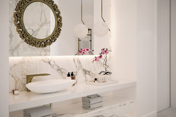 "Her" bathroom with a gold and white elegant colour palette