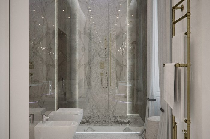 The double rainfall shower completes this contemporary yet classical bathroom