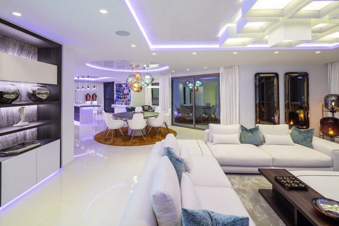 This shot looking into the kitchen area gives an idea of the size of the space, which incorporates a living, dining and kitchen area.