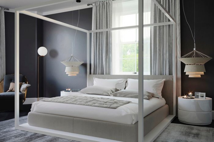 This guest bedroom with its neutral palette of grey, beige and white makes for a relaxing environment
