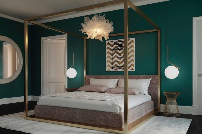 The distinguished colour palette for this guest bedroom highlights the beautiful Flos lighting