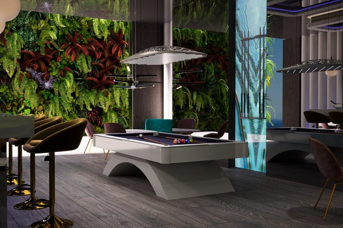 Pool table and bar area. The wall of living greenery leads onto a terrace.