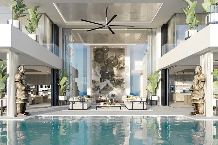 View across the pool to the Formal Lounge. The ancient Moors knew all about water: it has to be close to the living area, and this concept has become a UDesign trademark in the positioning of all their pools.