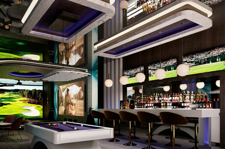 Entertainment room: this view looks towards the golf simulator. There are two VIP seating areas opposite the bar which would rival the coolest nightclubs in Marbella.