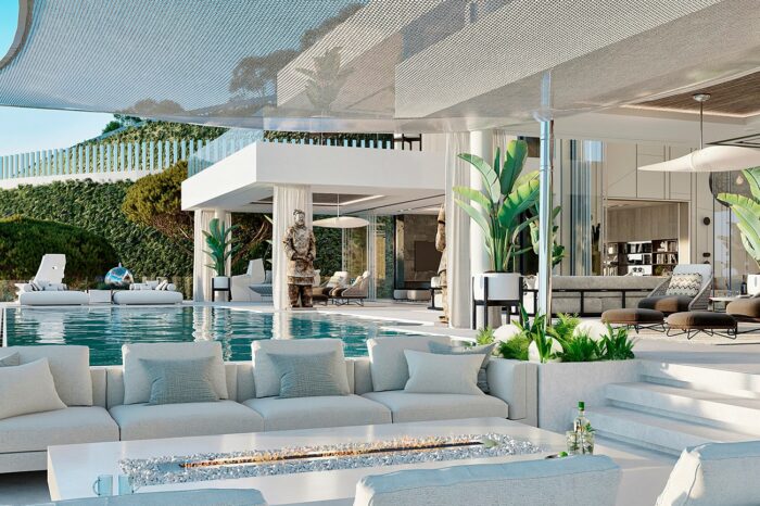 This magnificent terrace manages to cleverly contain five distinct areas – the sunbathing area, the fire pit with comfy sofas, the TV room terrace, the kitchen and dining terrace, and the formal lounge terrace.