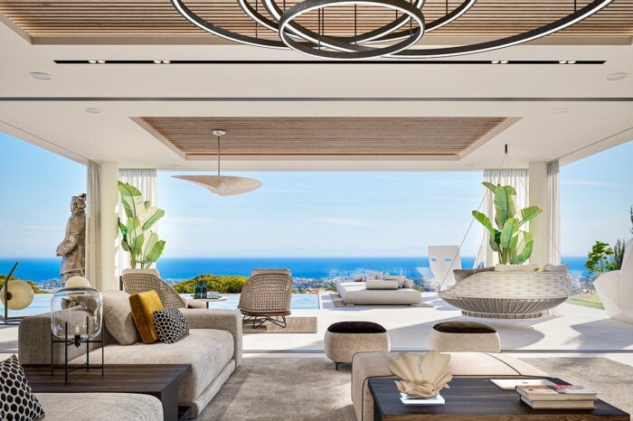 The view from the Family TV room to the terrace and the view beyond.