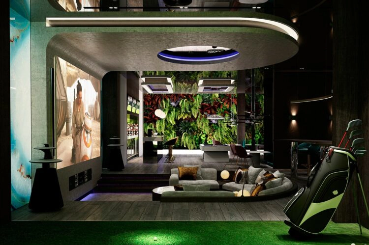 Entertainment room: the view from the golf simulator across the entire entertainment space to the vertical wall of living greenery beyond.