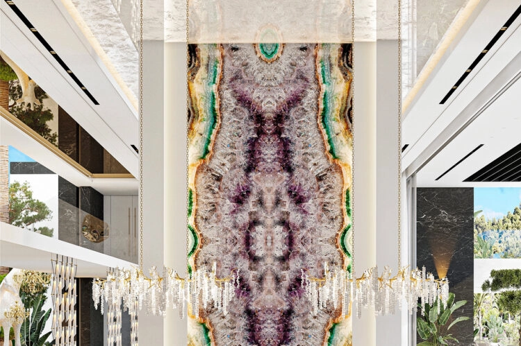 Dining room with beautiful panel of four pieces of onyx mounted together
