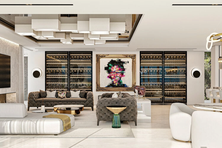 The view across the family space showing the four large wine display cabinets