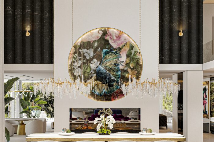 The other view of the dining room showing a round painting that has been illuminated to work as a soft light source