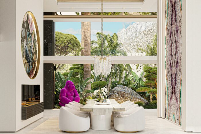 In the dining room he huge rock in the garden becomes an integral part of an overall muted design, the gorilla providing the splash of colour.