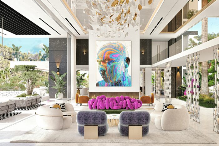 The lounge has art everywhere - on the walls, hanging from the ceiling, on the floor, even in the pieces of furniture themselves. In the centre is a beautiful image by Tim Tadder from his latest collection ”Black is a Colour”.