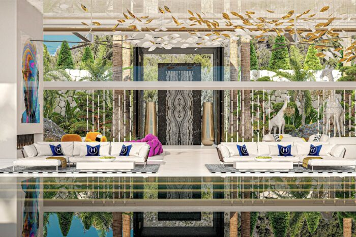 View across the pool, terrace and lounge.