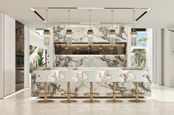 The top-end kitchen, which is a single, elegant entity in grained onyx.