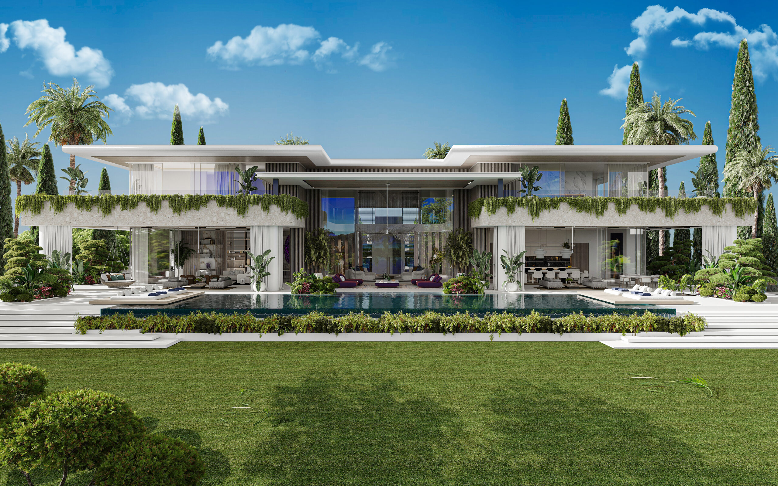 Symmetrical modern villa with glass walls and central pool by UDesign architect in Marbella.
